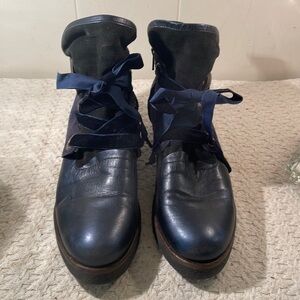 Casta Navy Blue Suede/Leather Velvet Lace Up Side ZipperTextured Rubber Sole